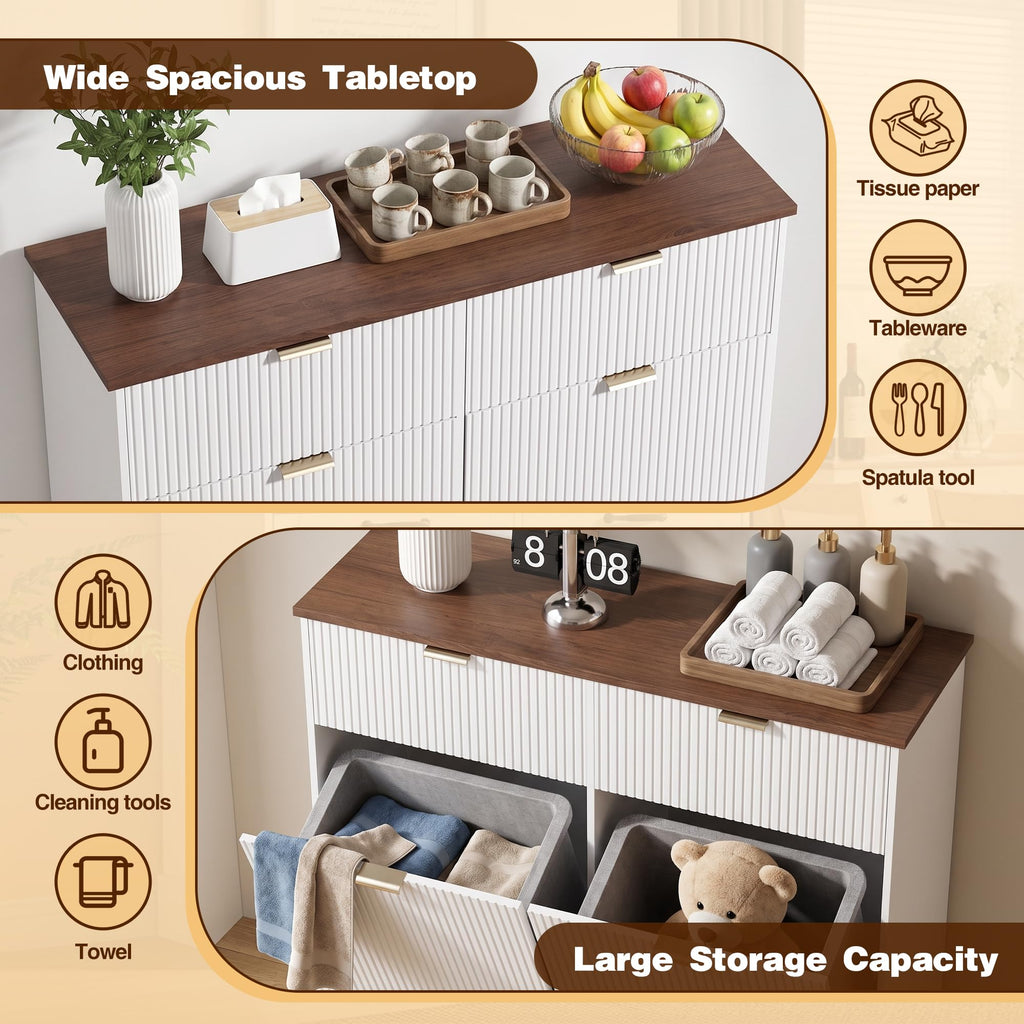 Double Tilt Out Trash Cabinet, 2x10 Gallon Fluted Hidden Laundry Hamper with Drawers, White and Dark Walnut C540345