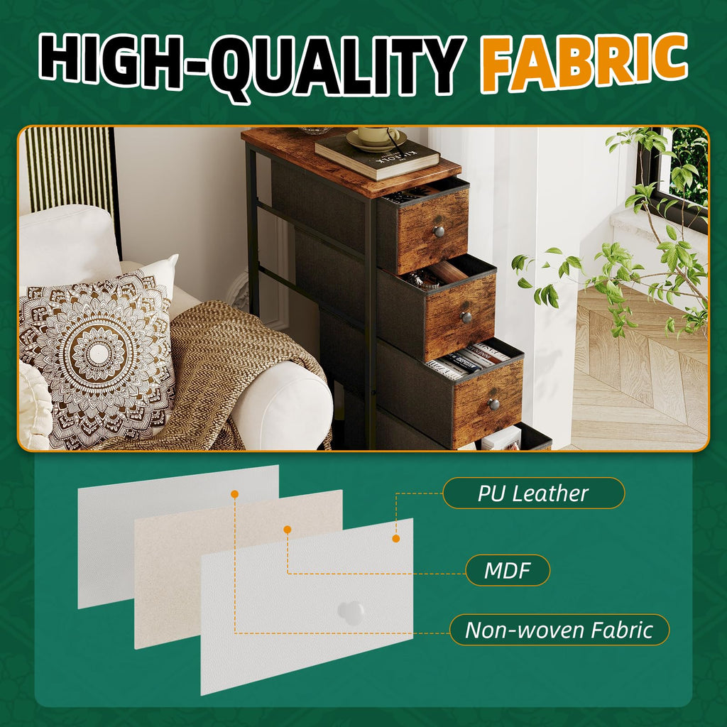 Narrow 5 Fabric Drawers Rustic Brown Dresser W56255