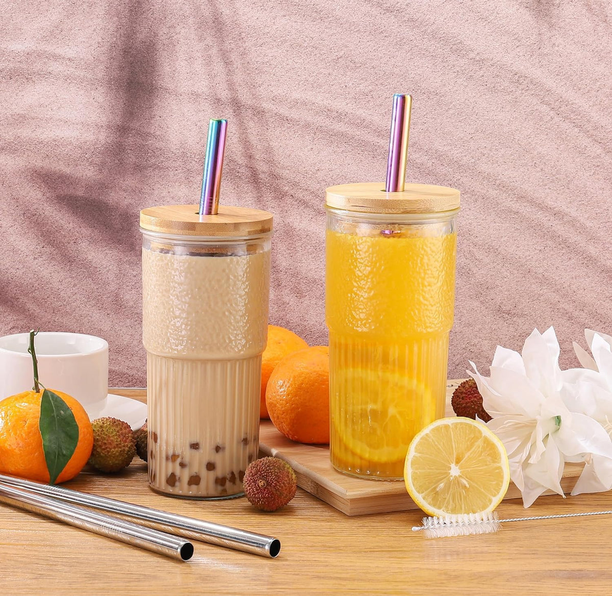 22oz Glass Cups Set with Bamboo Lids and Straws F179179