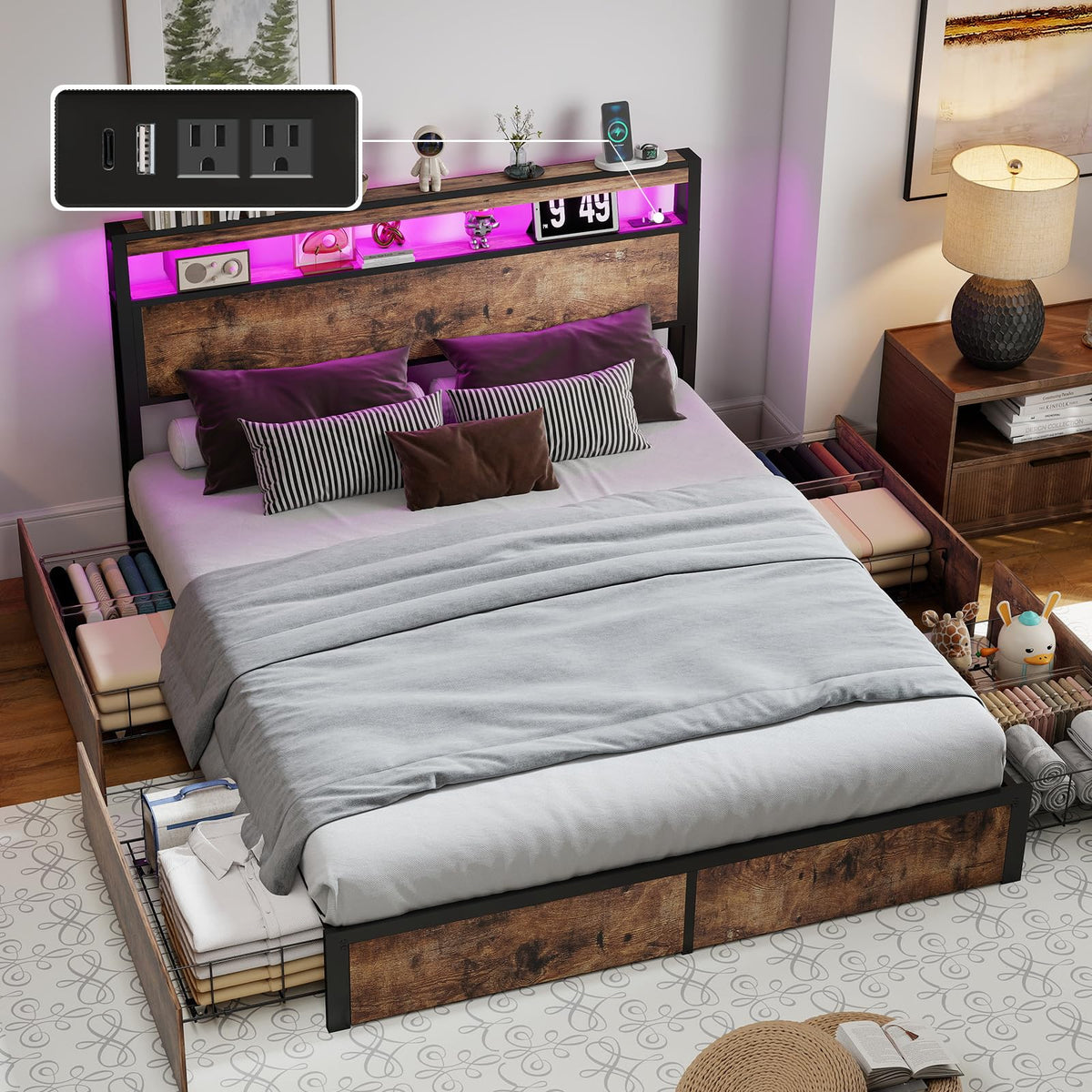 Queen Size Bed Frame with LED Light Headboard and 4 Storage Drawers A2400