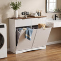 Double Tilt Out Trash Cabinet, 2x10 Gallon Fluted Hidden Laundry Hamper with Drawers, White and Dark Walnut C540345