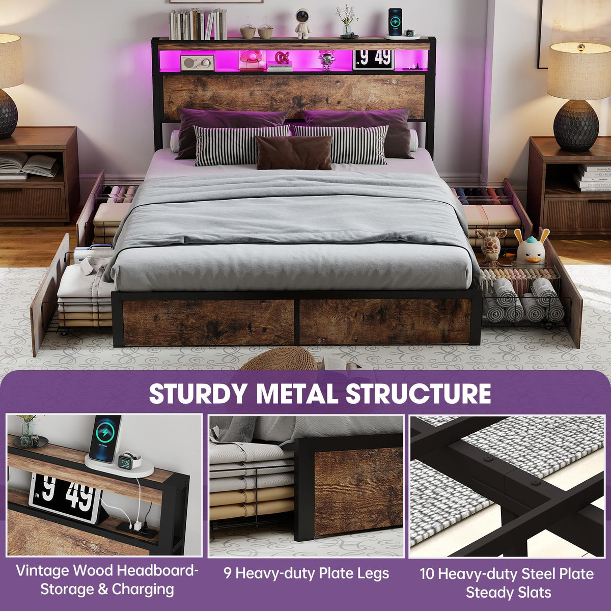 Queen Size Bed Frame with LED Light Headboard and 4 Storage Drawers A2400