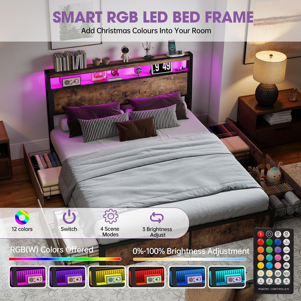 Queen Size Bed Frame with LED Light Headboard and 4 Storage Drawers A2400