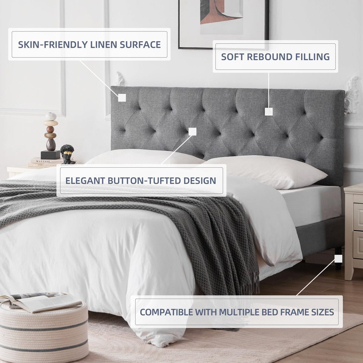 Queen Size Light Gray Linen Headboard L473