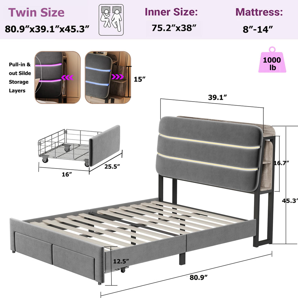 Twin Size Bed Frame with Drawer and Storage Headboard T69083