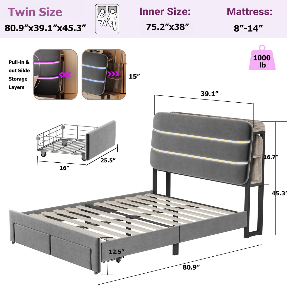 Twin Size Bed Frame with Drawer and Storage Headboard T69083