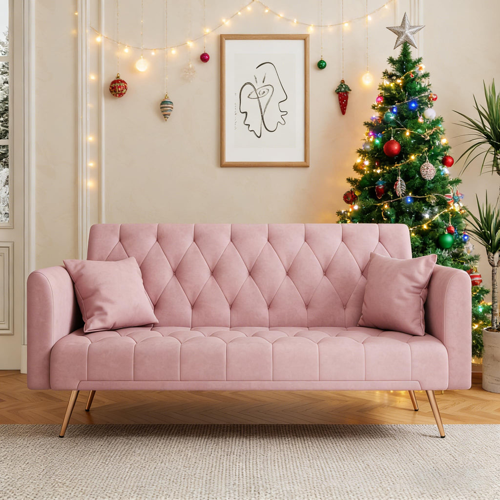 71" Velvet Futon Sofa Bed with 2 Pillows S599