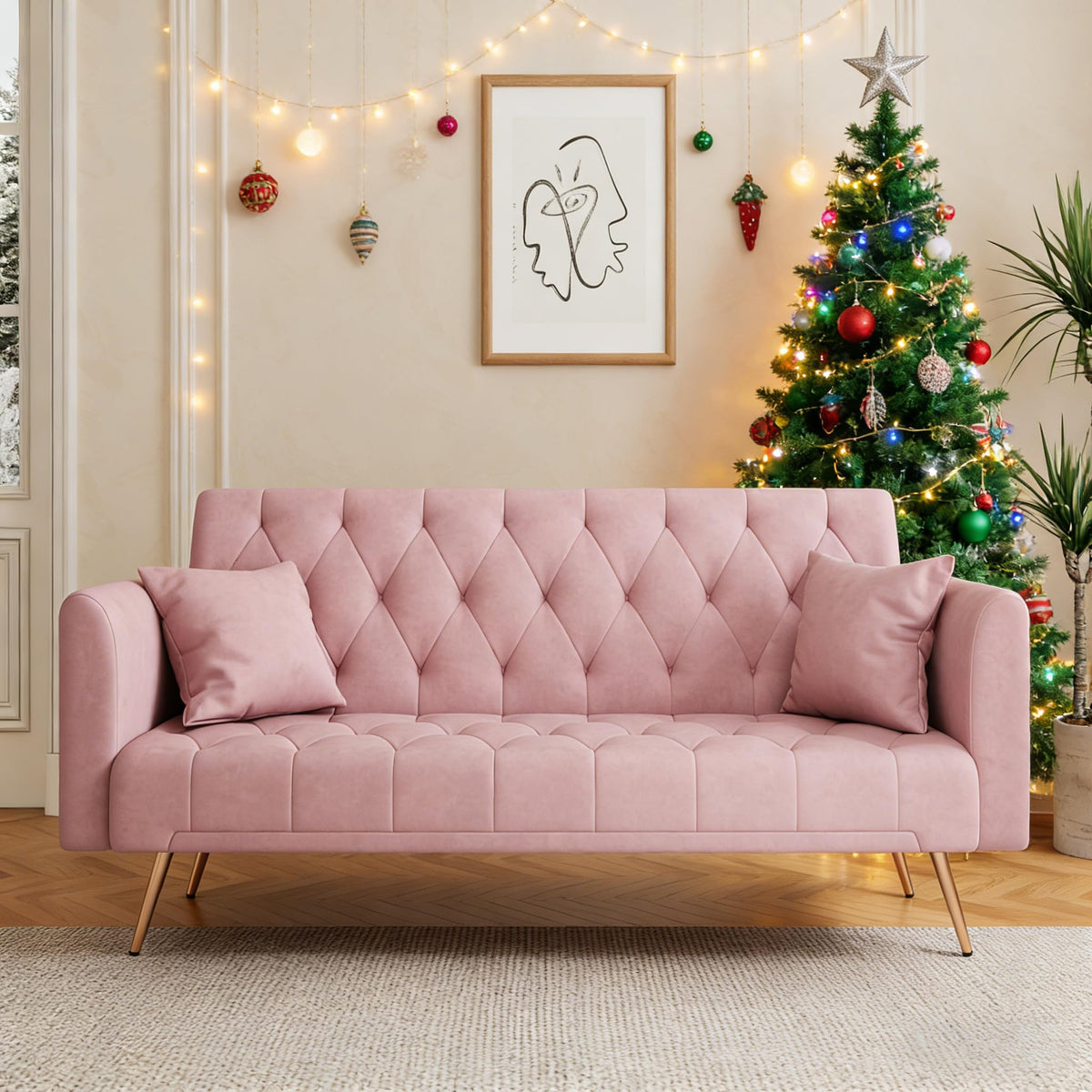 71" Velvet Futon Sofa Bed with 2 Pillows S599
