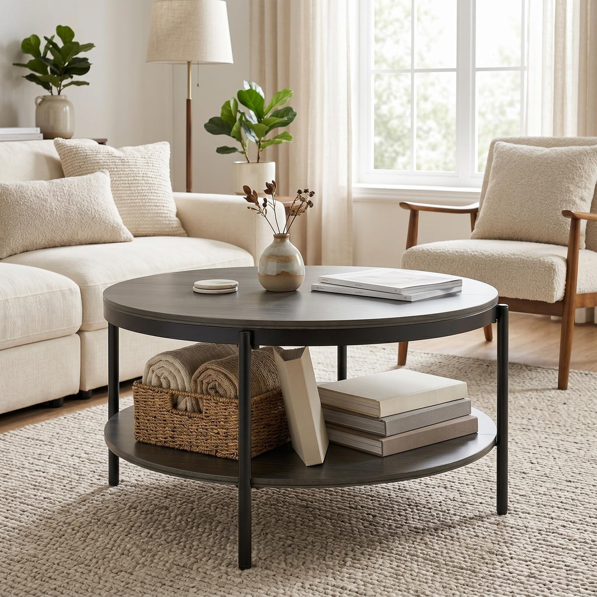 Round Coffee Table with 2-Tier Storage Shelf D70023