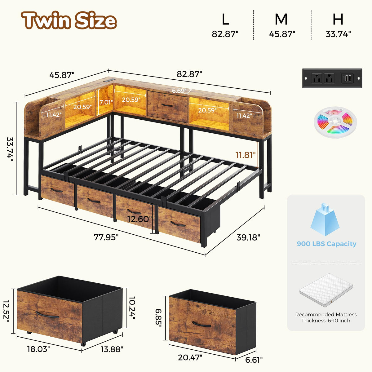 Twin Size Metal Platform Bed Frame with Storage Drawers and Bookcase Headboard V764