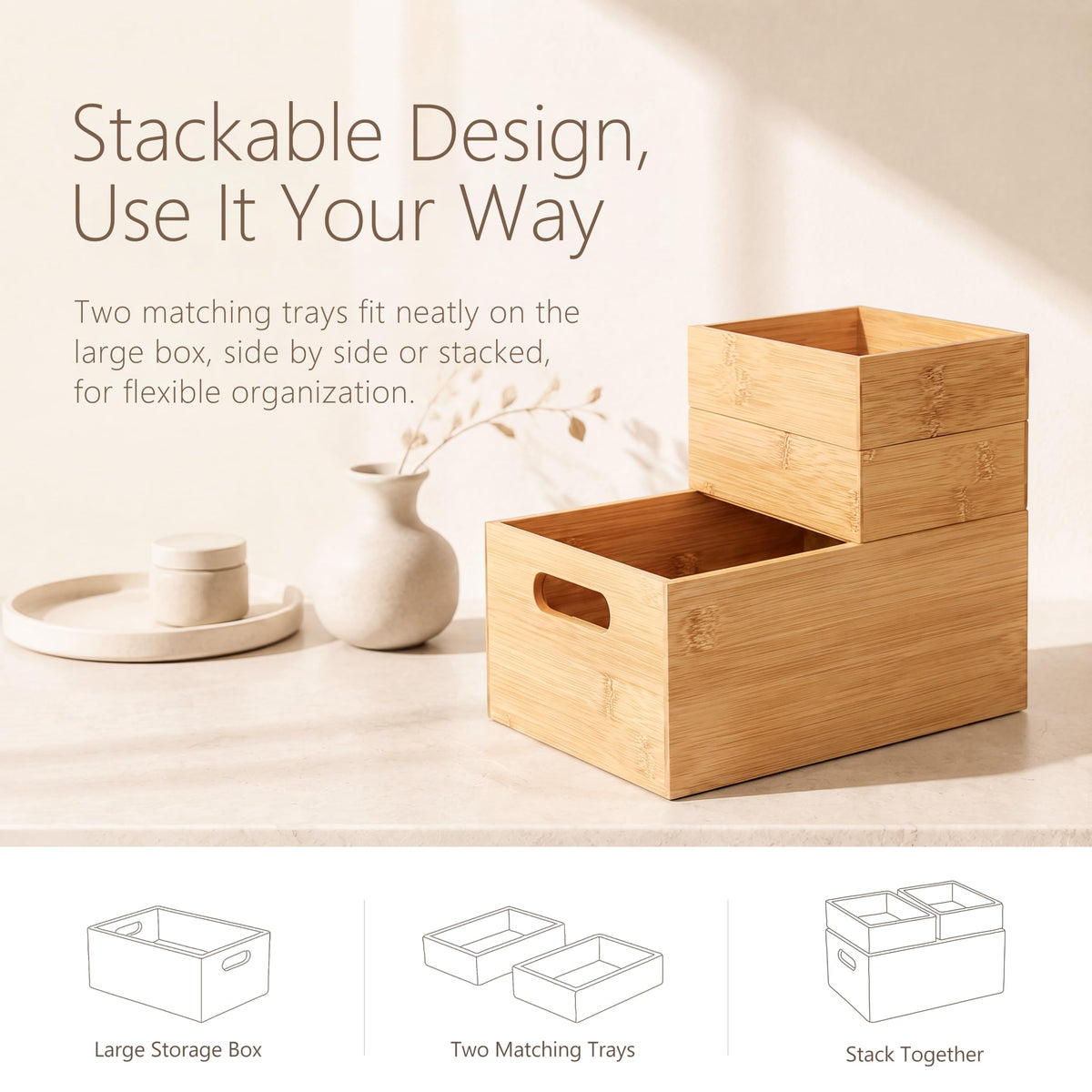 3 Pack Bamboo Storage Box with Handle C825