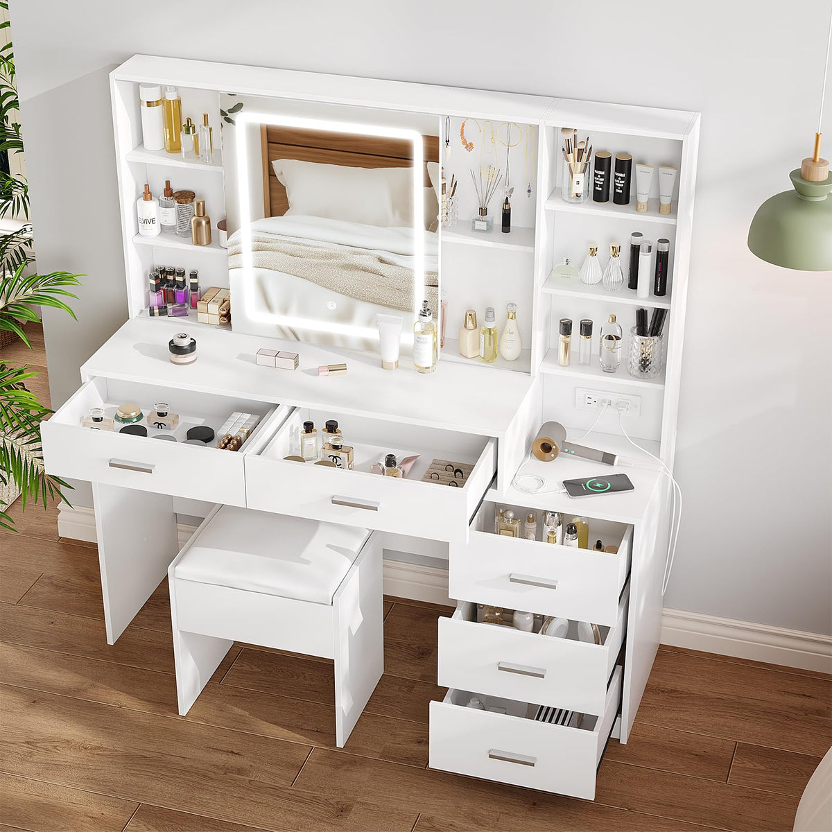 White Vanity Desk with Lighted Sliding Mirror, 5 Drawers and Stool Set U81115