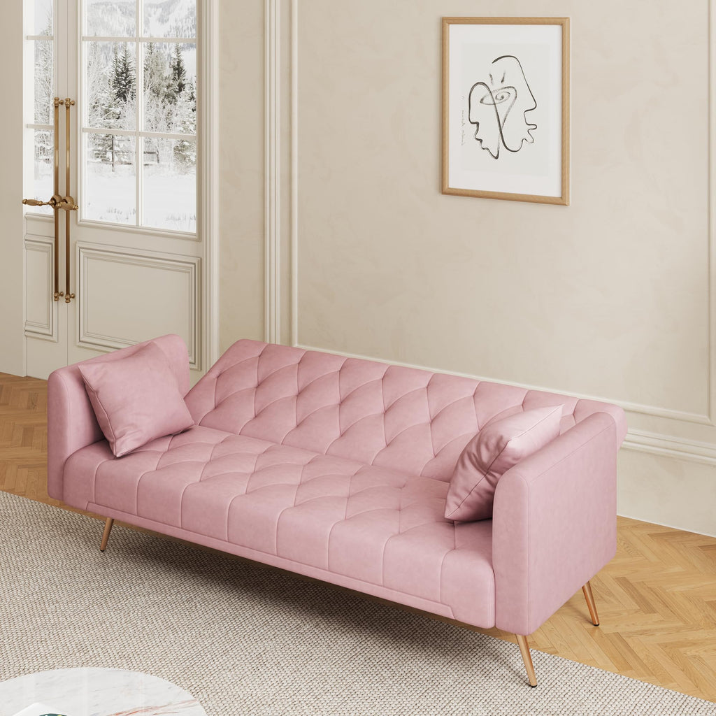 71" Velvet Futon Sofa Bed with 2 Pillows S599
