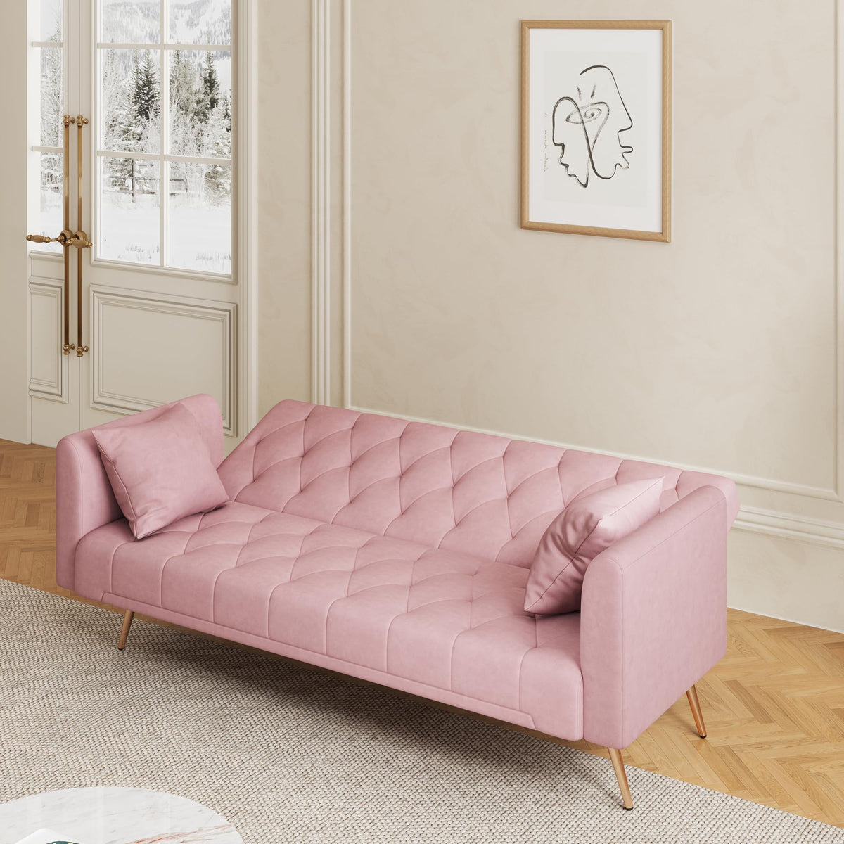 71" Velvet Futon Sofa Bed with 2 Pillows S599