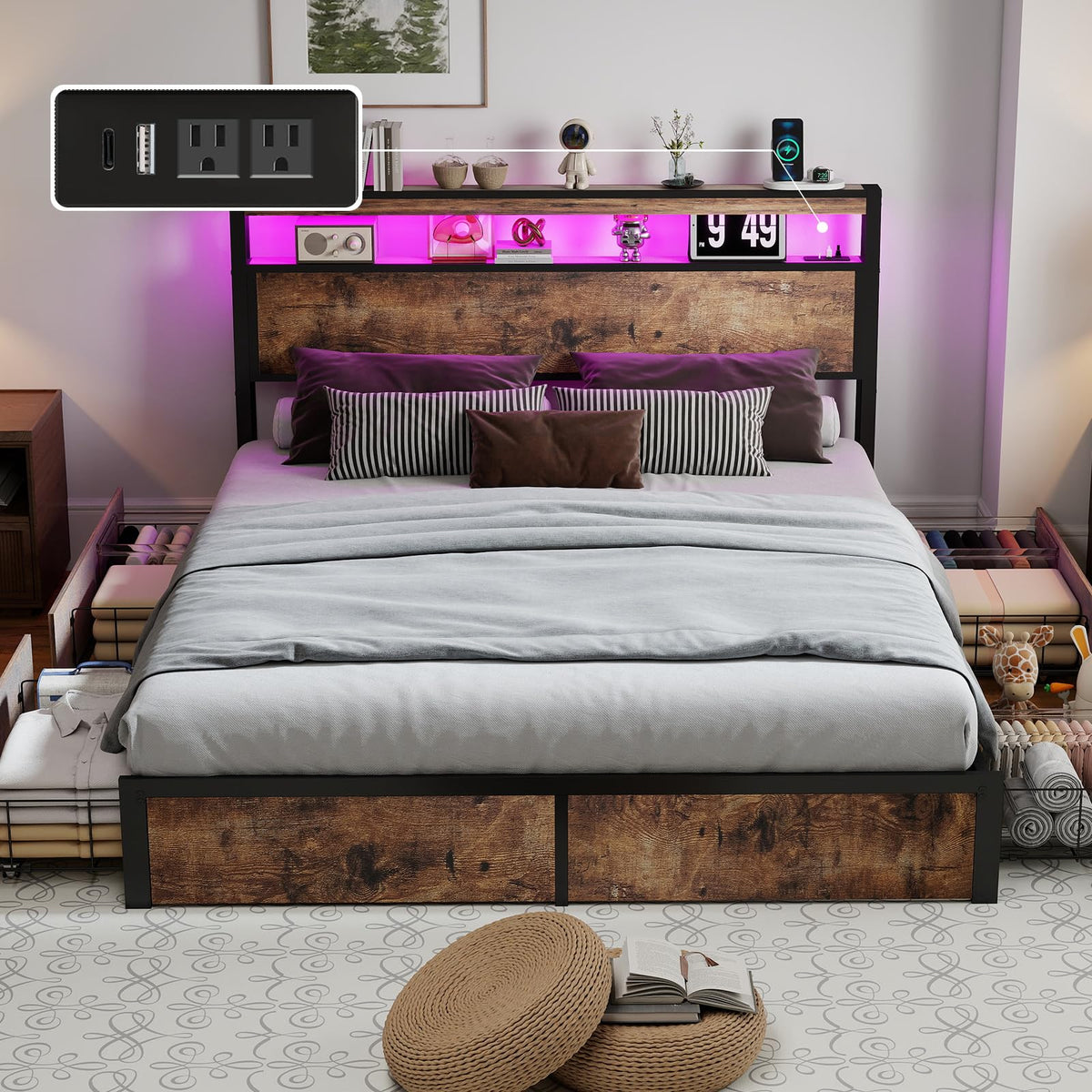Queen Size Bed Frame with LED Light Headboard and 4 Storage Drawers A2400