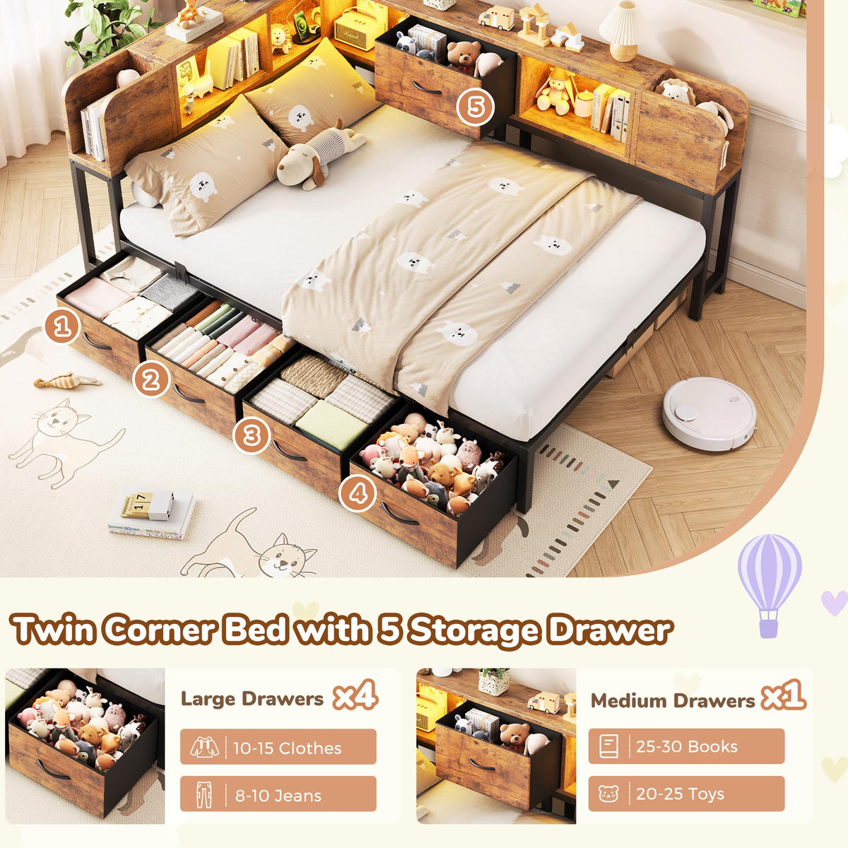 Twin Size Metal Platform Bed Frame with Storage Drawers and Bookcase Headboard V764