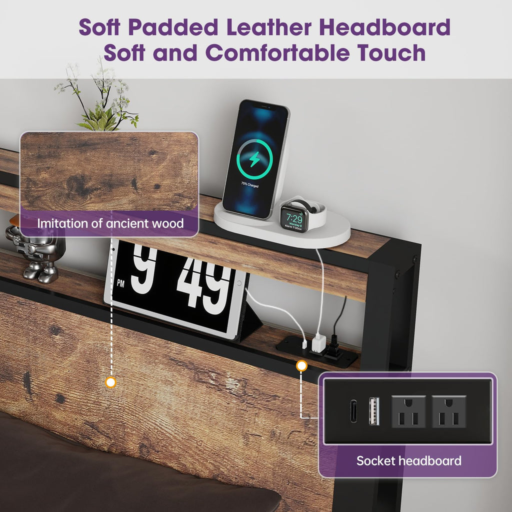 Queen Size Bed Frame with LED Light Headboard and 4 Storage Drawers A2400