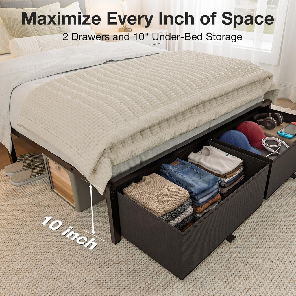 Grey Upholstered Twin Bed Frame with 2 Storage Drawers E8860
