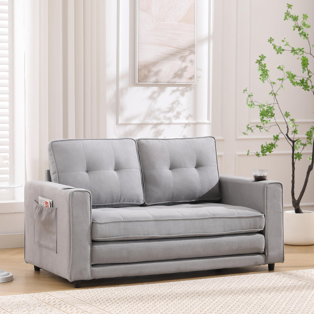 Light Gray Convertible Futon Sofa Bed with Cup Holder R48309
