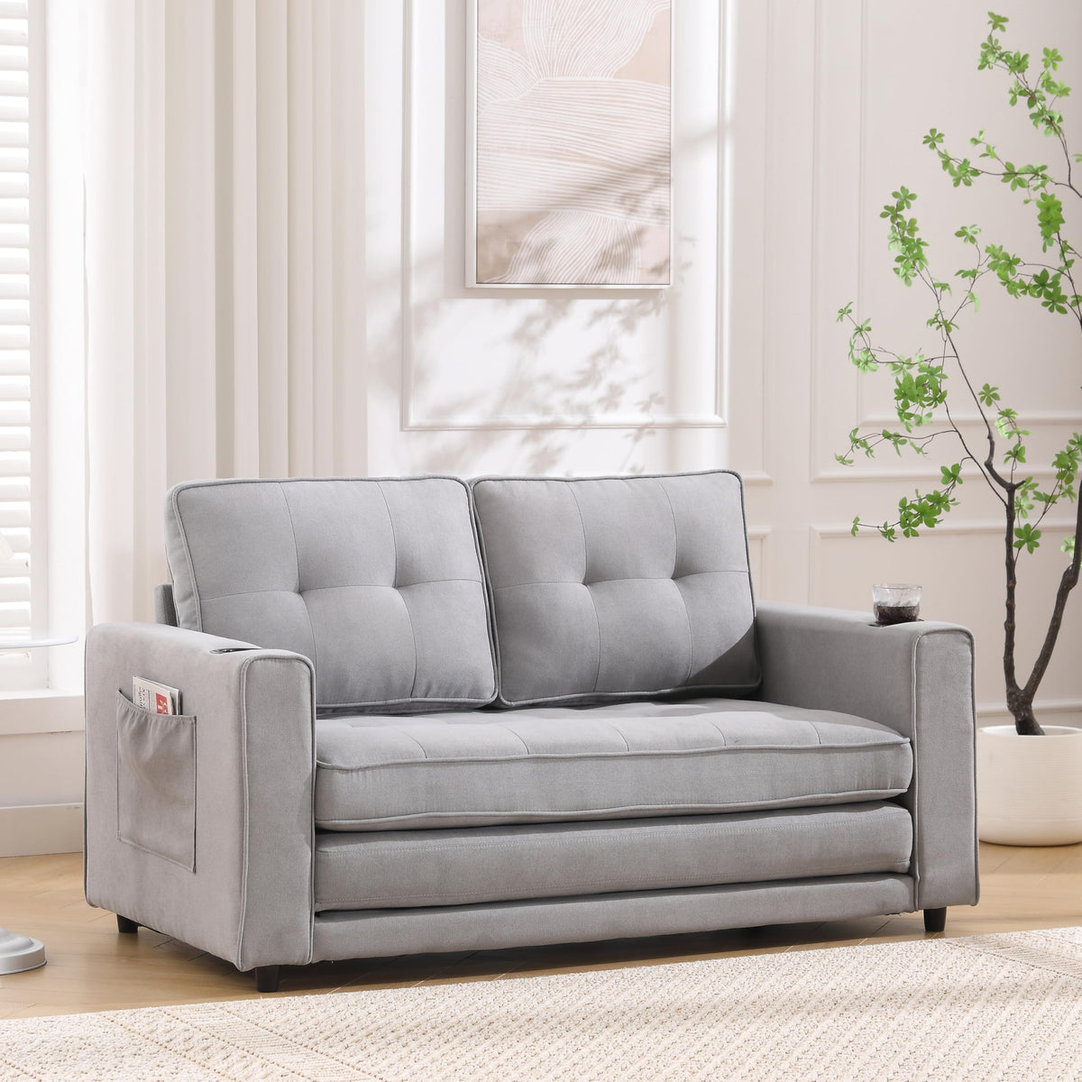 Light Gray Convertible Futon Sofa Bed with Cup Holder R48309
