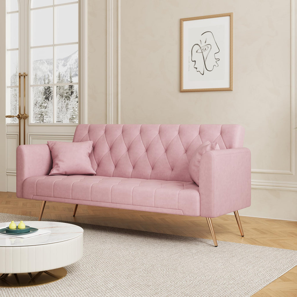 71" Velvet Futon Sofa Bed with 2 Pillows S599
