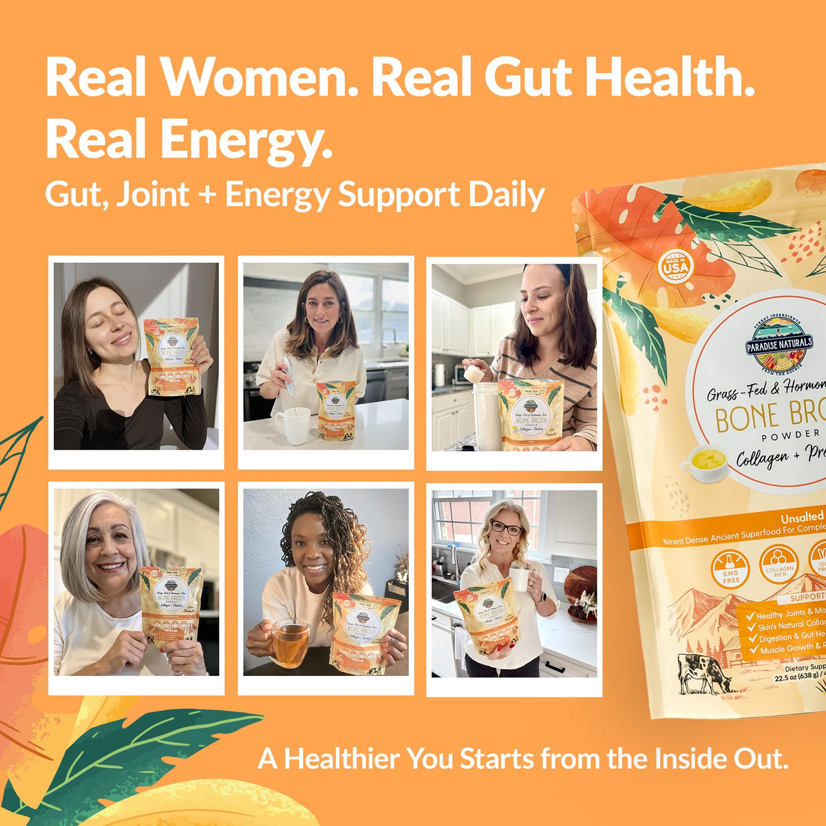100% Grass-Fed Beef Bone Broth Powder with Probiotics Collagen 15g Protein Y600