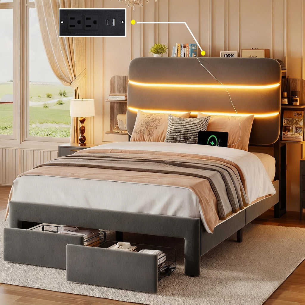Twin Size Bed Frame with Drawer and Storage Headboard T69083