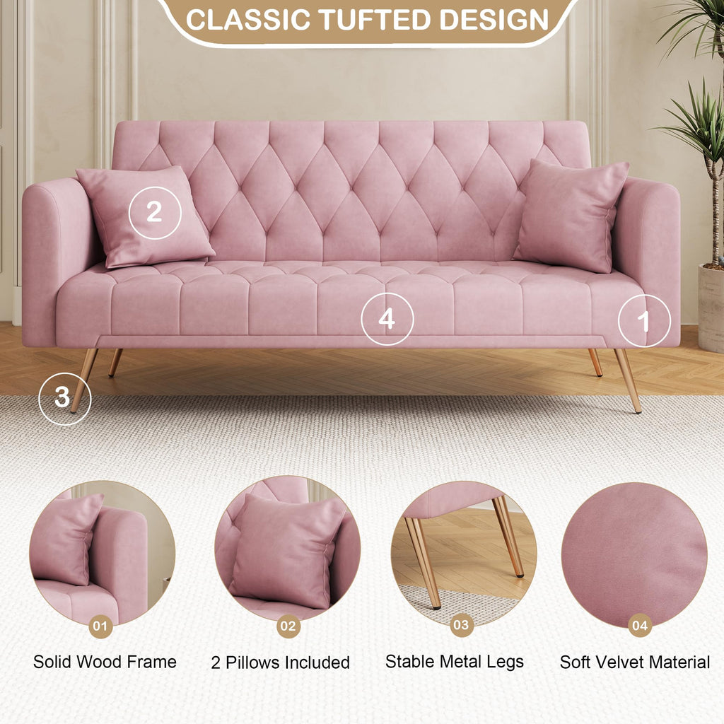 71" Velvet Futon Sofa Bed with 2 Pillows S599