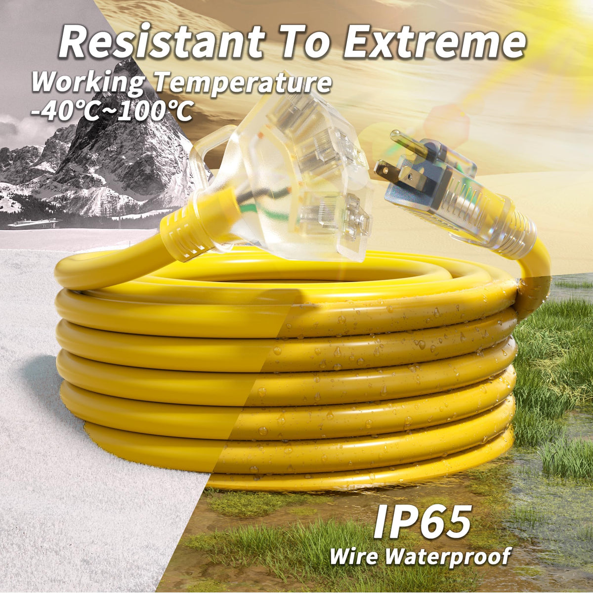100 FT 10 Gauge Outdoor Extension Cord with Multiple Outlets Yellow R593