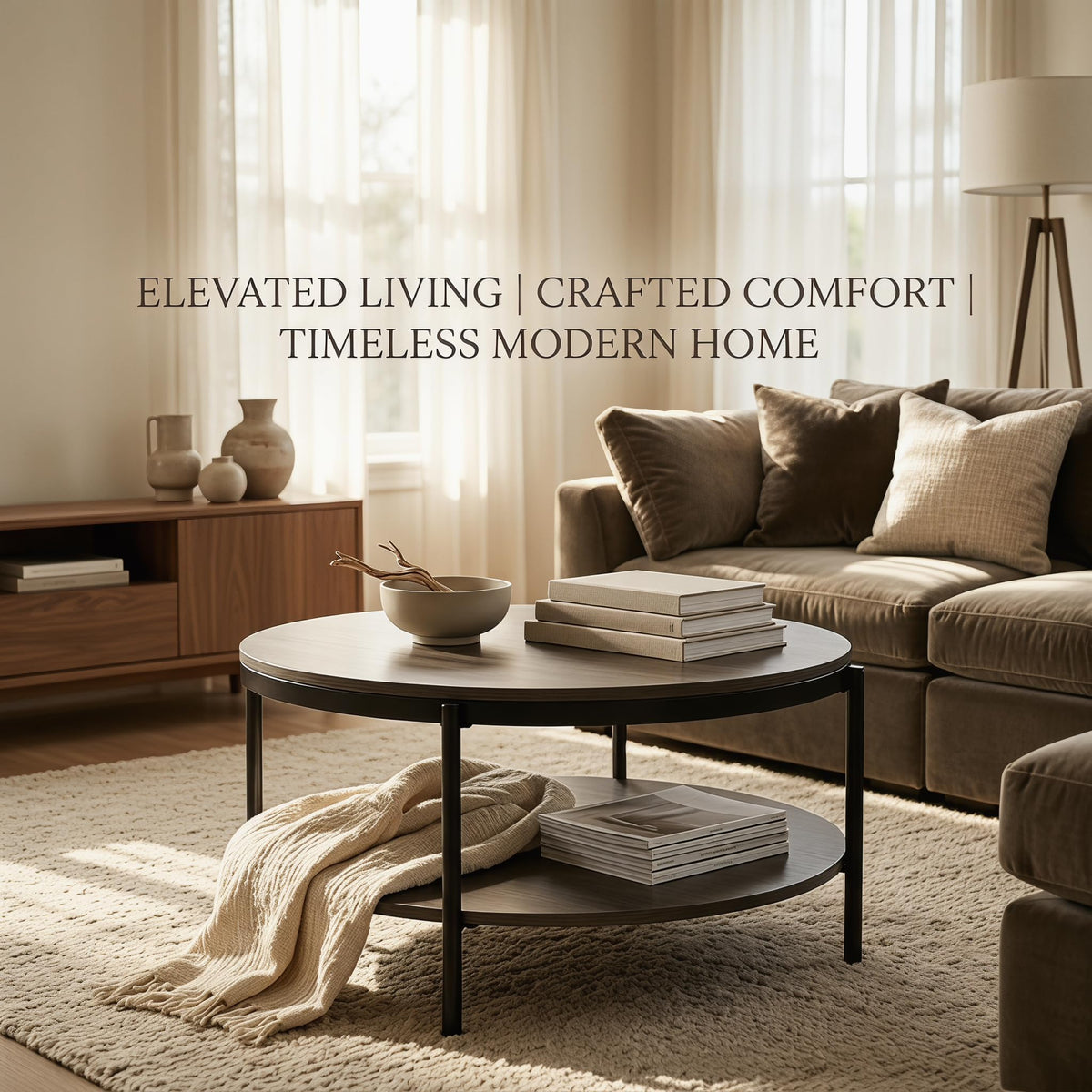 Round Coffee Table with 2-Tier Storage Shelf D70023