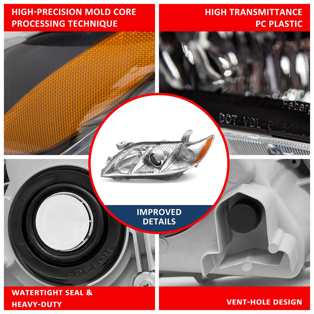 Compatible with 2007-2009 Toyota Camry Headlights Assembly Black Housing Amber Reflectors Left and Right Pairs L673