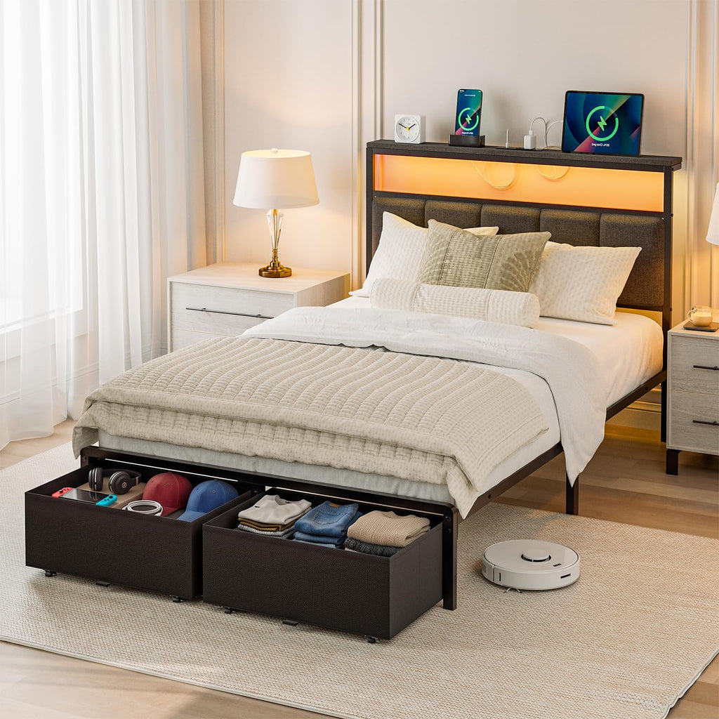Grey Upholstered Twin Bed Frame with 2 Storage Drawers E8860