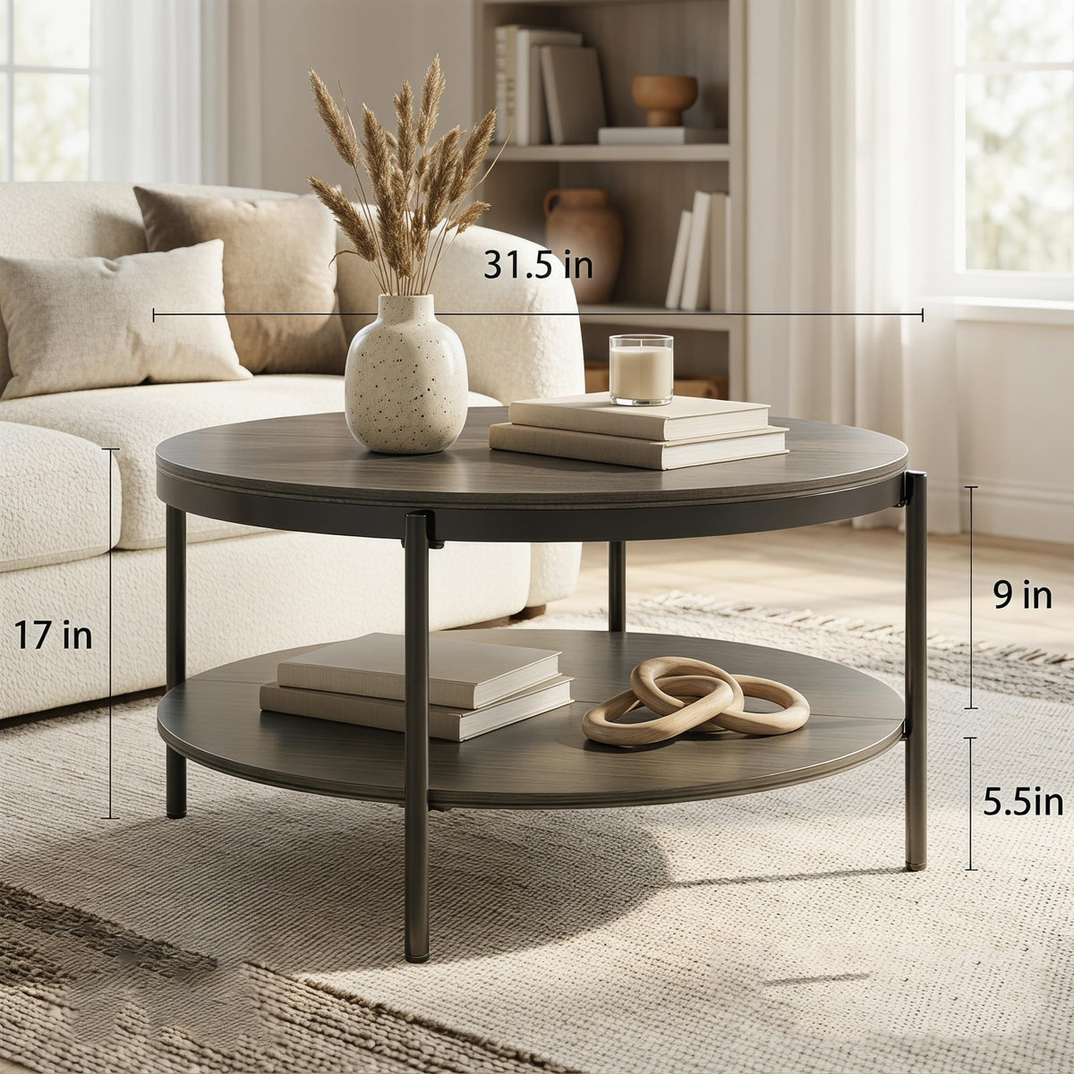 Round Coffee Table with 2-Tier Storage Shelf D70023