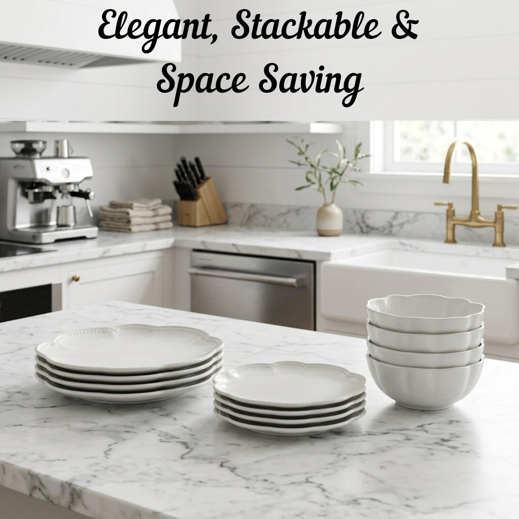 12 Pieces Scalloped White Plates & Bowls Set W1517