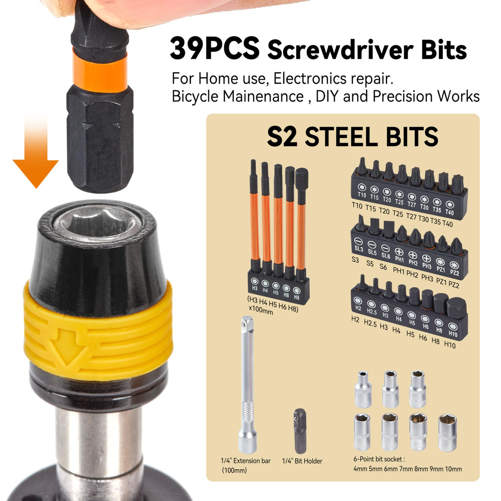 Torque Screwdriver Bit Set, 39-Piece 10-70 in-lb G154