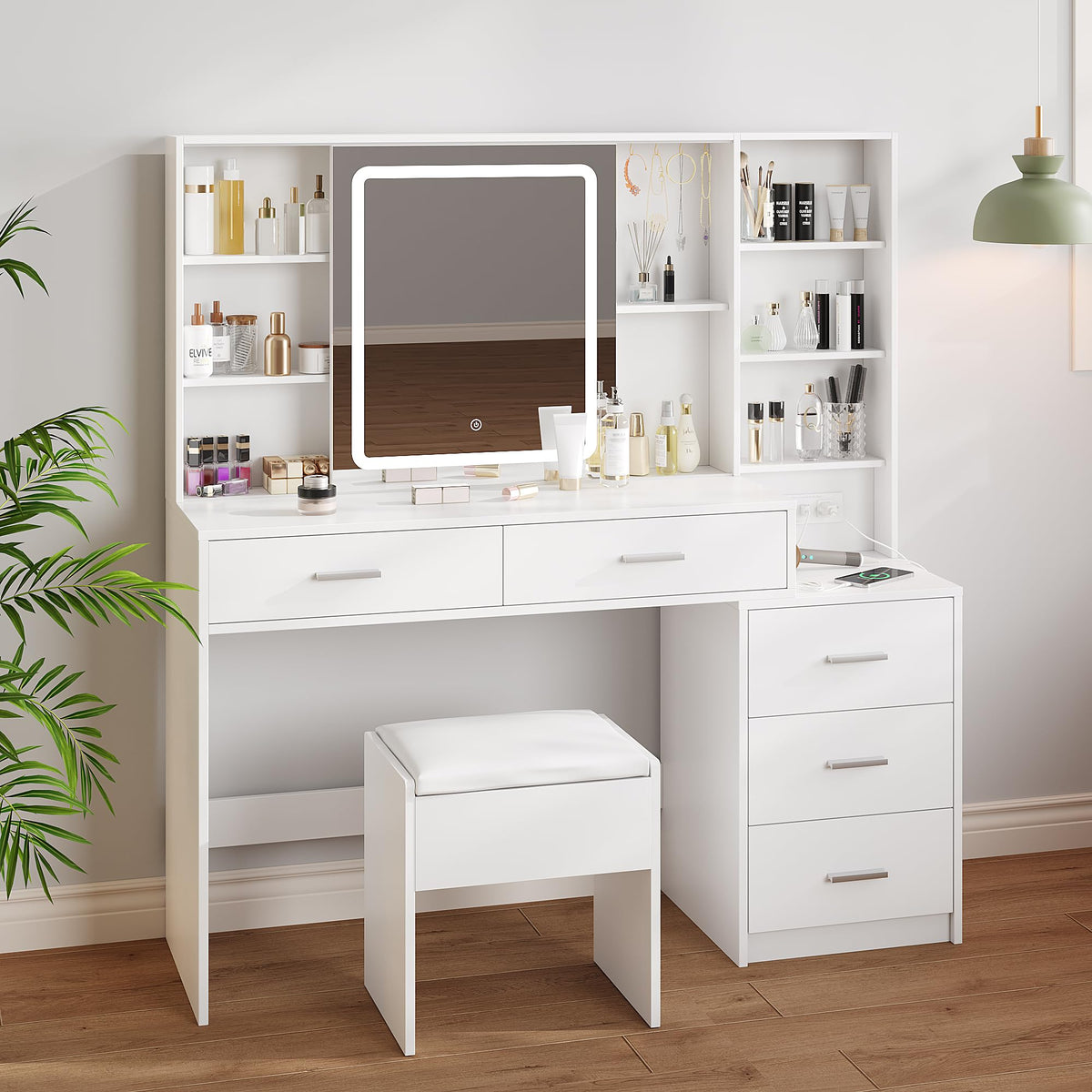 White Vanity Desk with Lighted Sliding Mirror, 5 Drawers and Stool Set U81115