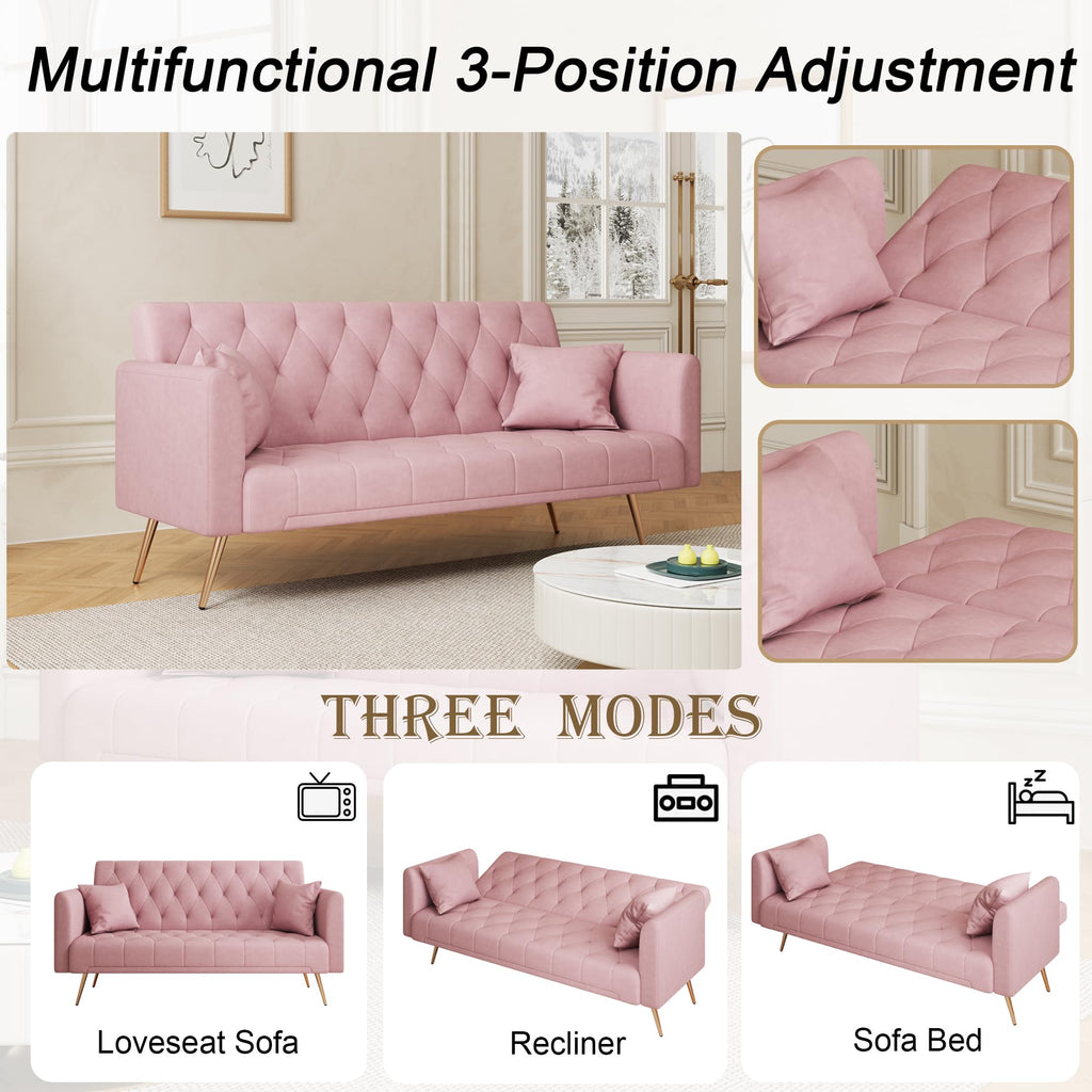 71" Velvet Futon Sofa Bed with 2 Pillows S599