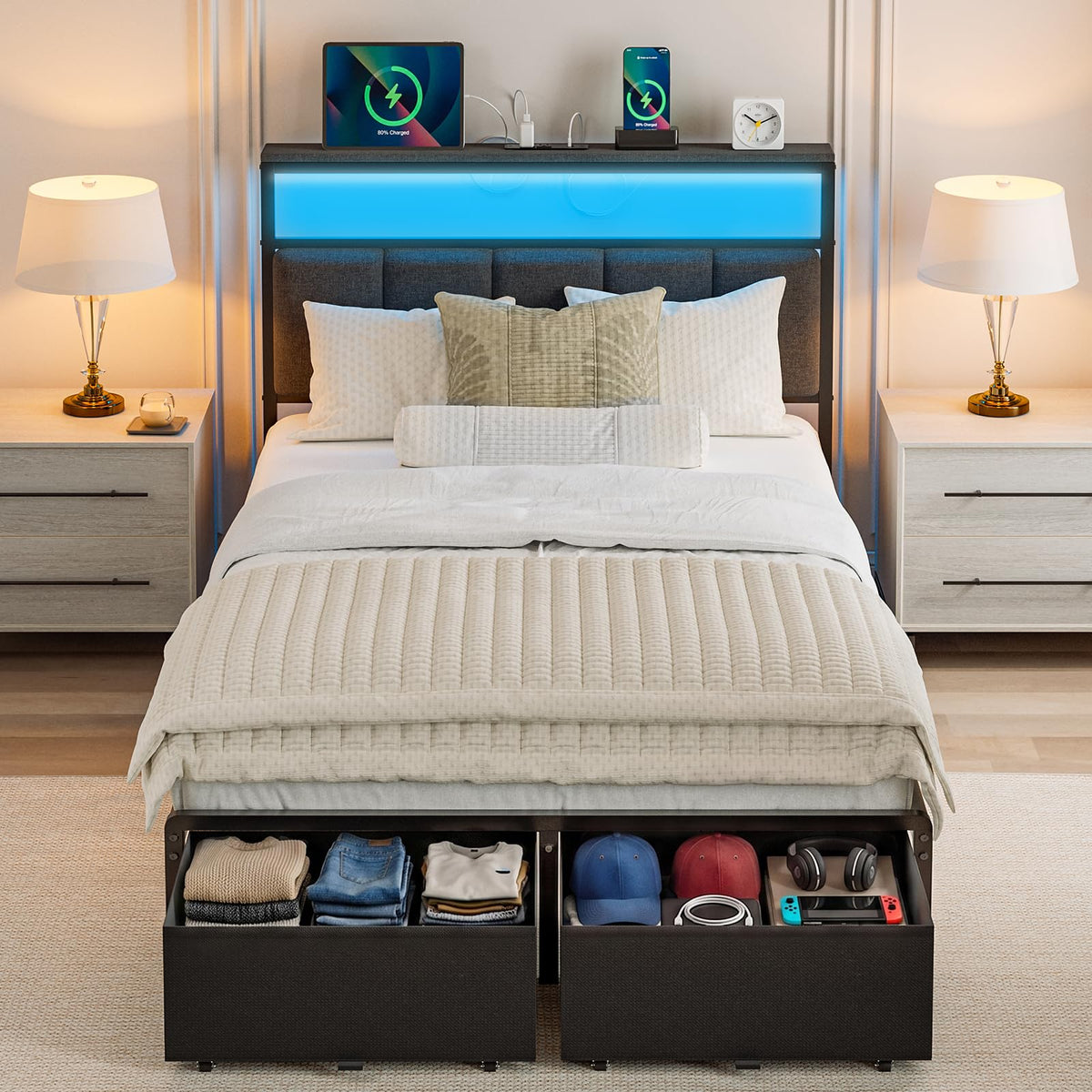 Grey Upholstered Twin Bed Frame with 2 Storage Drawers E8860