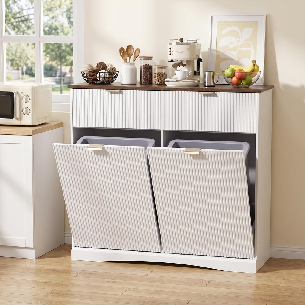 Double Tilt Out Trash Cabinet, 2x10 Gallon Fluted Hidden Laundry Hamper with Drawers, White and Dark Walnut C540345