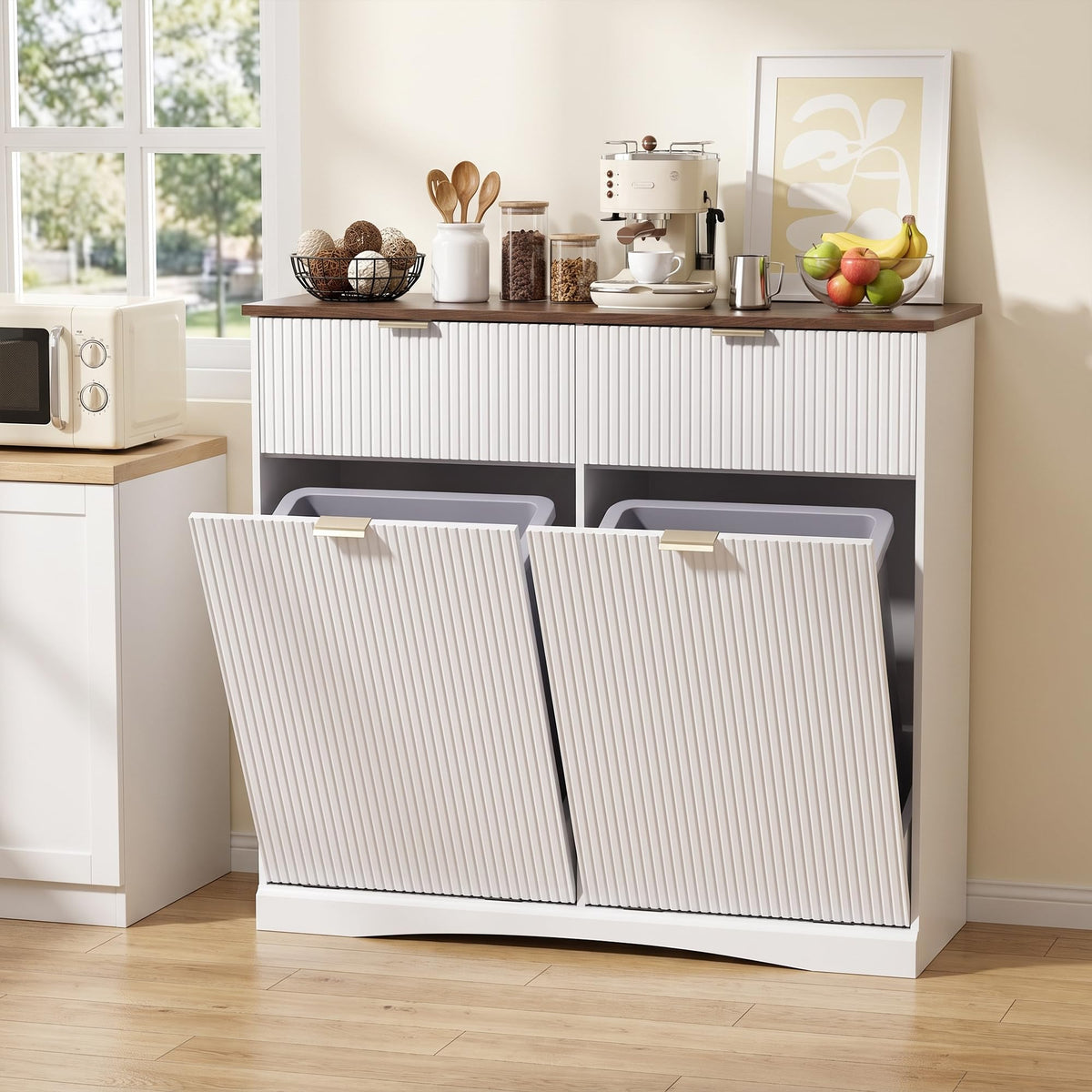 Double Tilt Out Trash Cabinet, 2x10 Gallon Fluted Hidden Laundry Hamper with Drawers, White and Dark Walnut C540345
