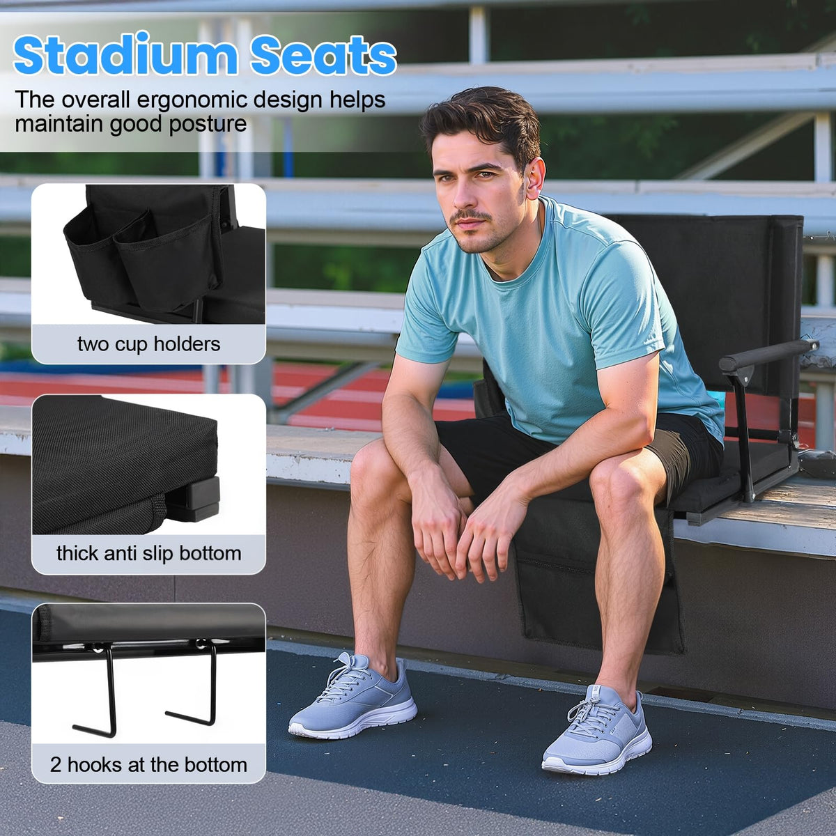 2 Pcs Black Stadium Seats with Back Support and Cushion F93590