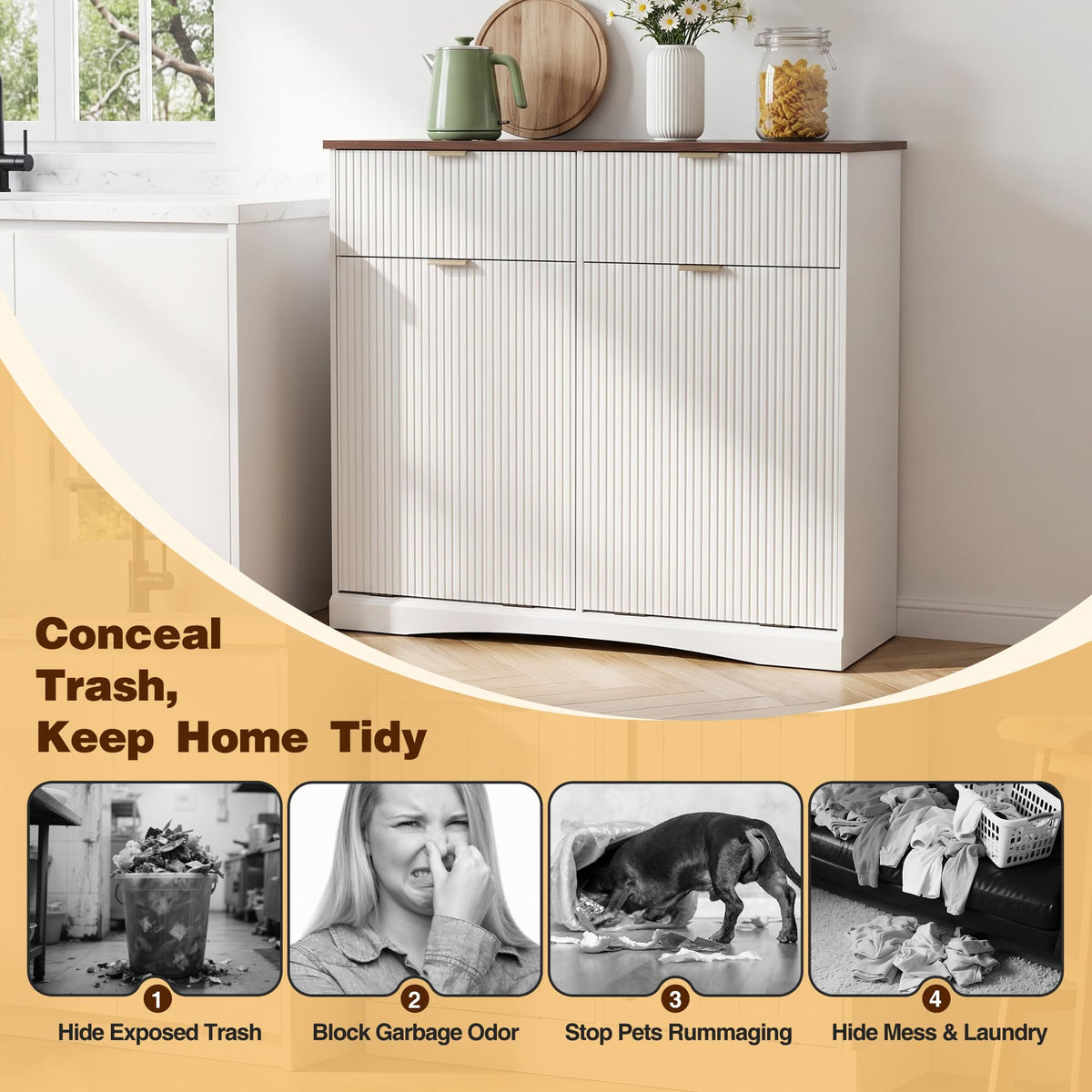 Double Tilt Out Trash Cabinet, 2x10 Gallon Fluted Hidden Laundry Hamper with Drawers, White and Dark Walnut C540345