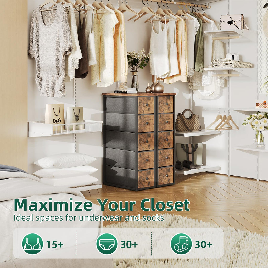 Narrow 5 Fabric Drawers Rustic Brown Dresser W56255