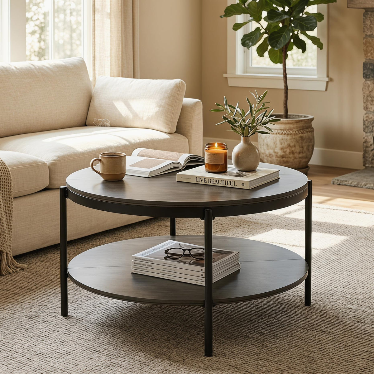 Round Coffee Table with 2-Tier Storage Shelf D70023