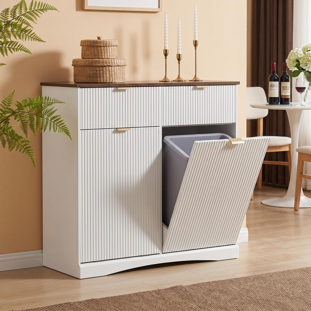 Double Tilt Out Trash Cabinet, 2x10 Gallon Fluted Hidden Laundry Hamper with Drawers, White and Dark Walnut C540345