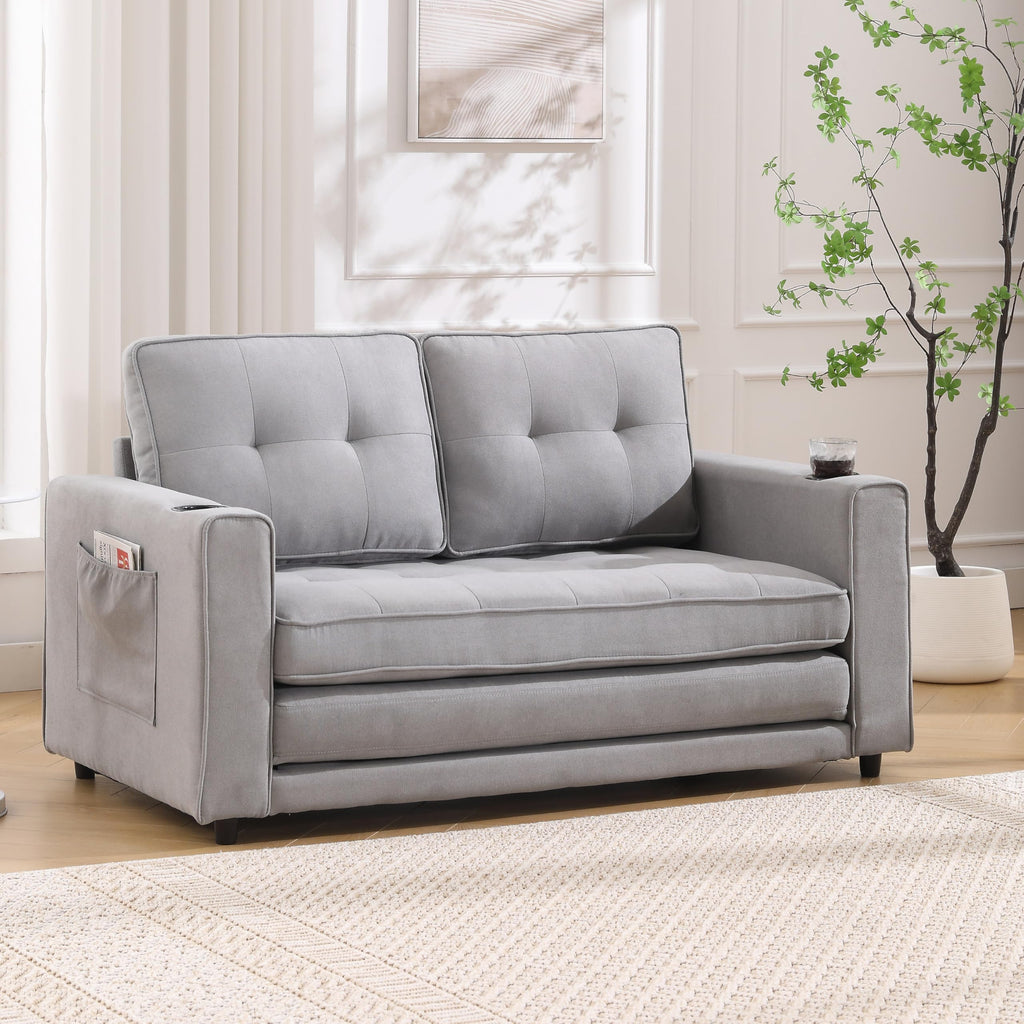 Light Gray Convertible Futon Sofa Bed with Cup Holder R48309