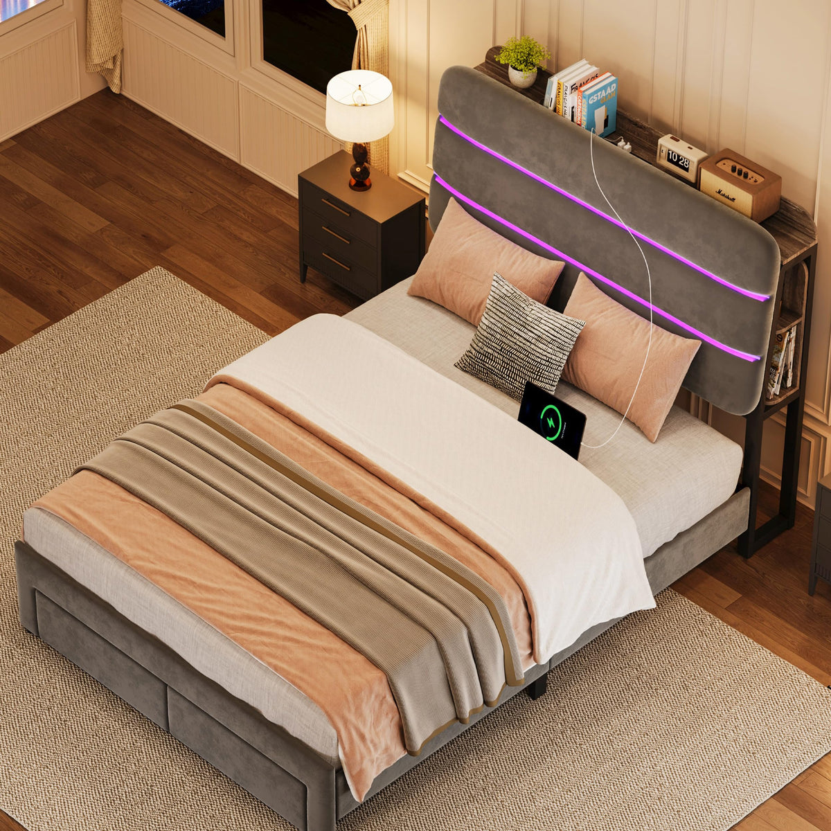 Twin Size Bed Frame with Drawer and Storage Headboard T69083
