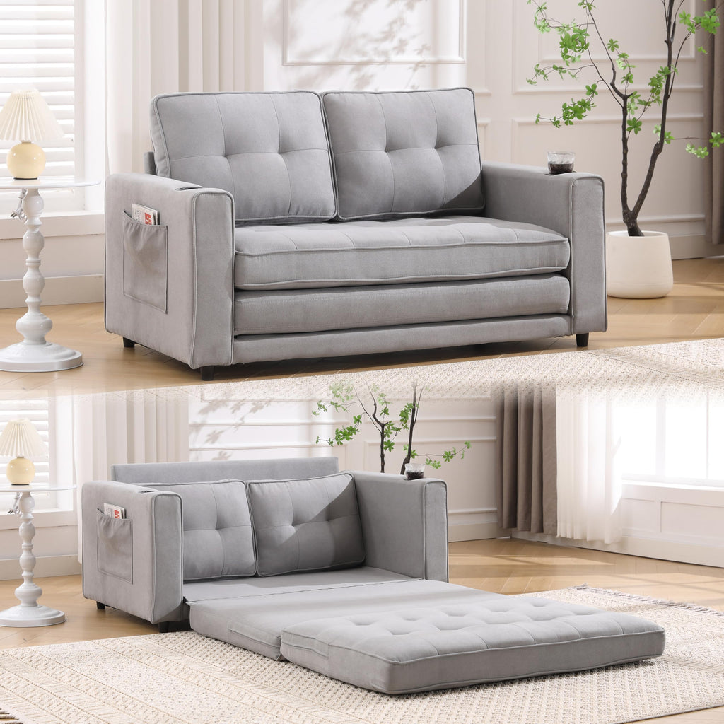 Light Gray Convertible Futon Sofa Bed with Cup Holder R48309