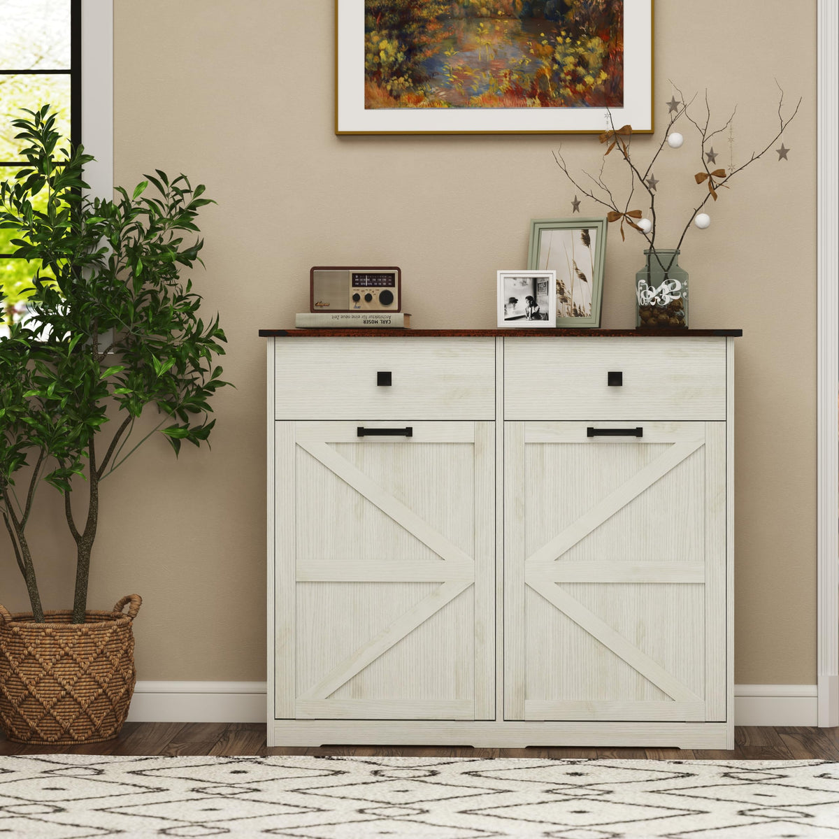 White Double Tilt Out Trash Can Cabinet E419601