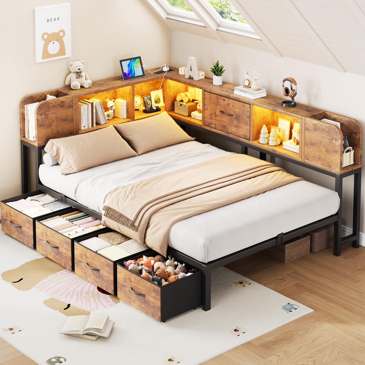 Twin Size Metal Platform Bed Frame with Storage Drawers and Bookcase Headboard V764